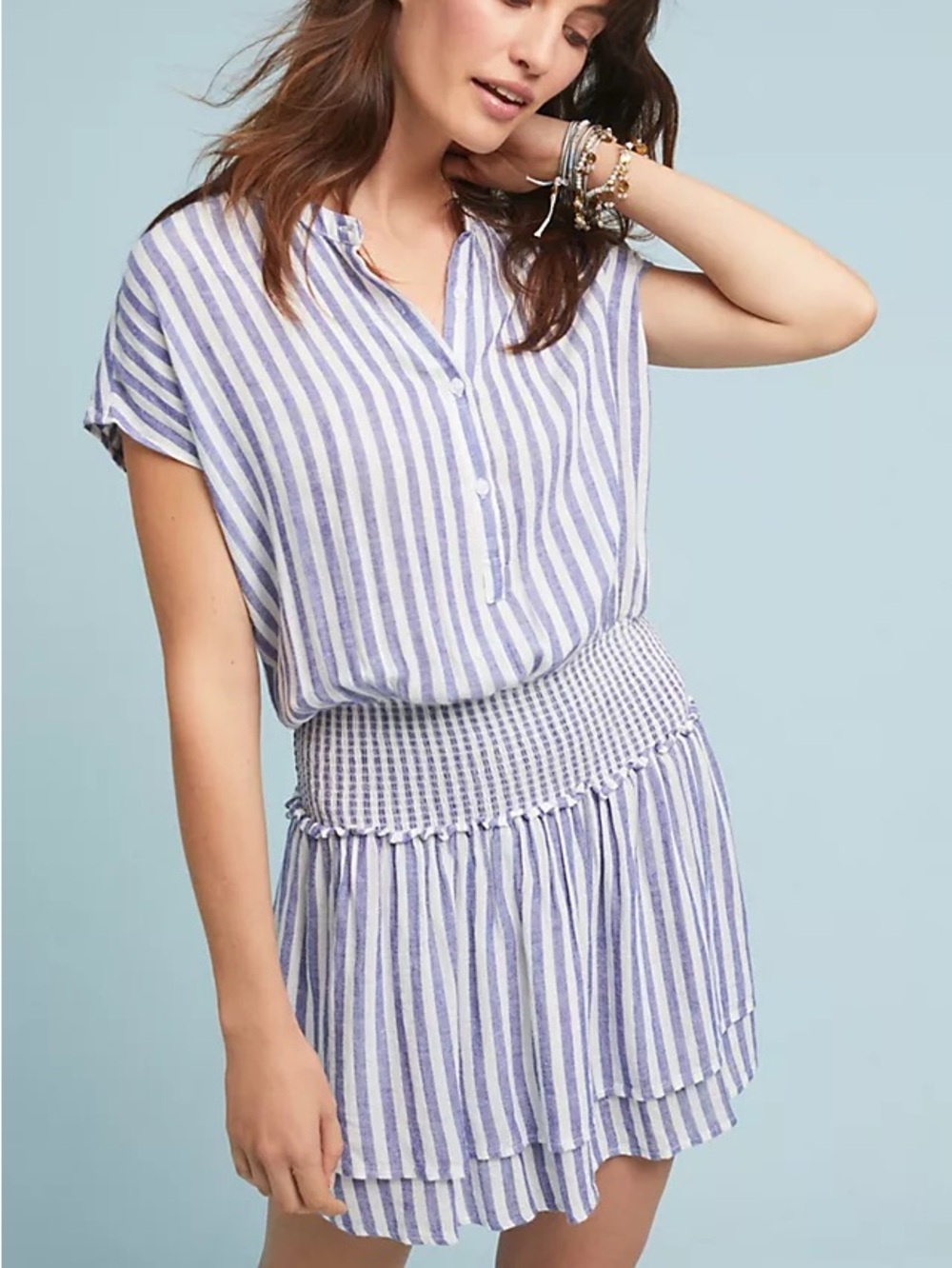 RAILS Angelina Boracay Stripe Linen Blend Dress XS Blue White Smocked Mini